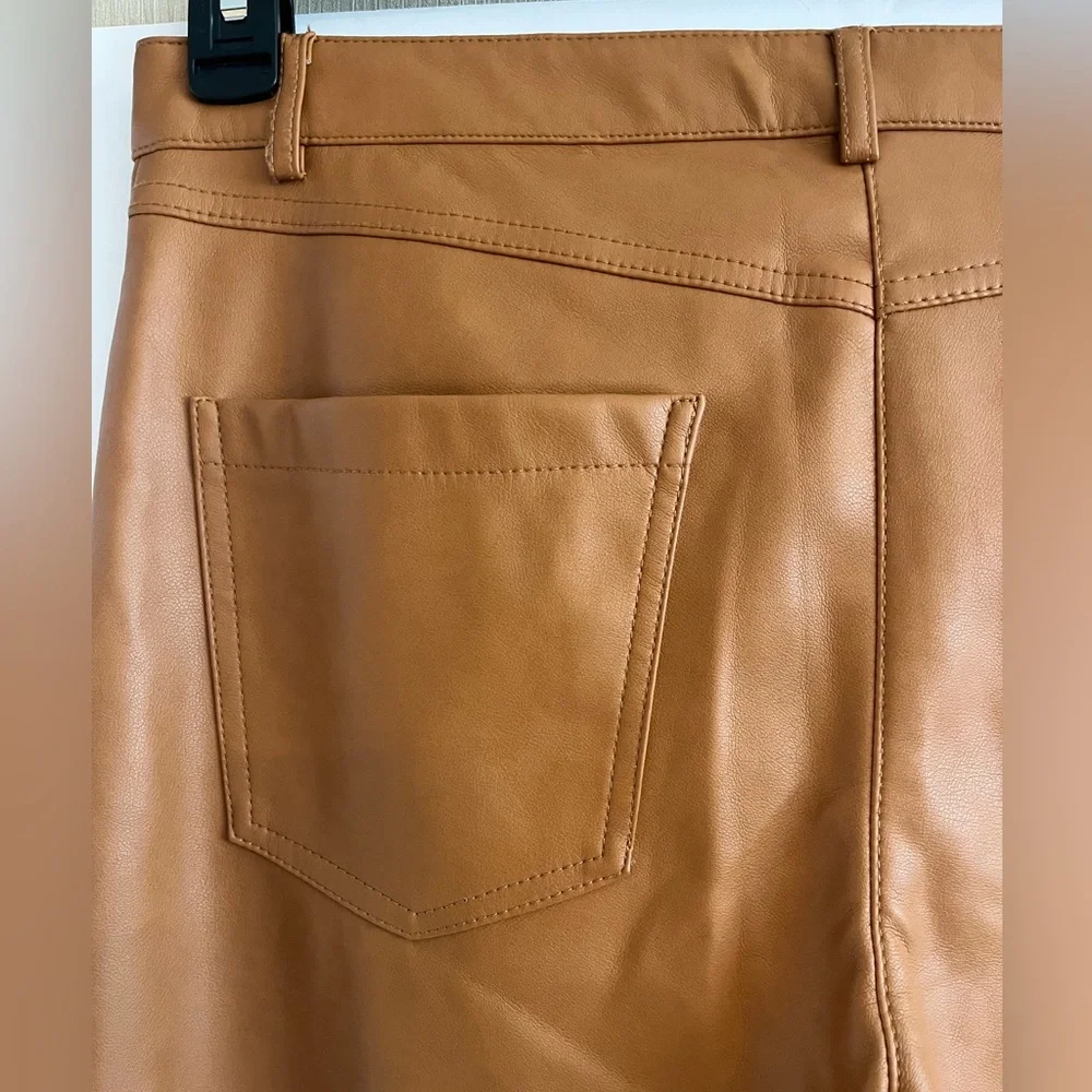 7 For All Mankind Faux Leather Straight Leg High Waist Pant - Size M color Camel - Picture 8 of 14